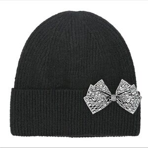Black Knit Beanie with Rhinestone Bow